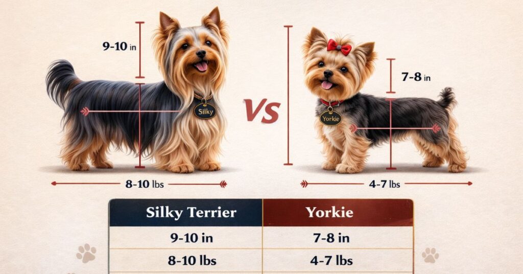 physical blueprint silky terrier vs. yorkie size