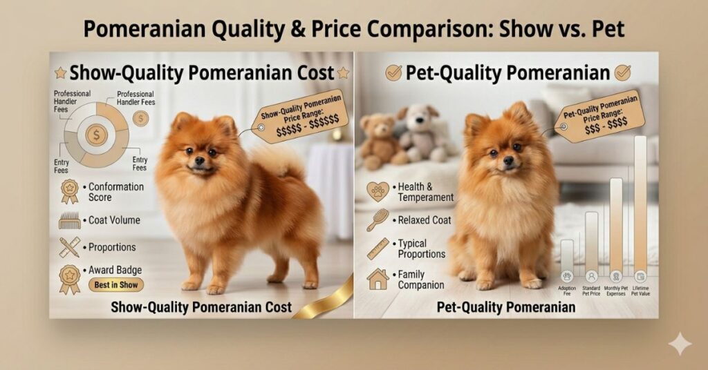 show quality pomeranian cost vs pet quality dogs